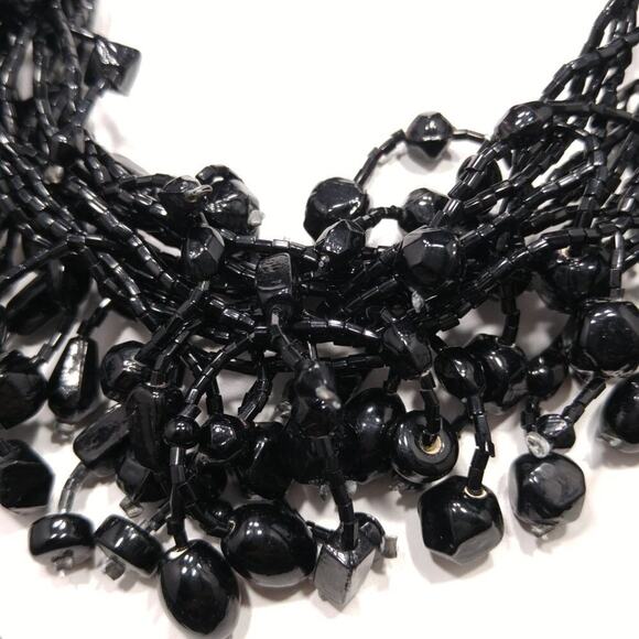 Vintage Black Glass Beaded Necklace, 12 Strands, Black Seed Beads, 21 Inches - Picture 6 of 8